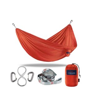 chulim double camping hammock with tree straps & 12kn aluminum carabiners 500lb weight capacity rip-stop nylon lightweight portable hammock for backpacking travel beach yard.