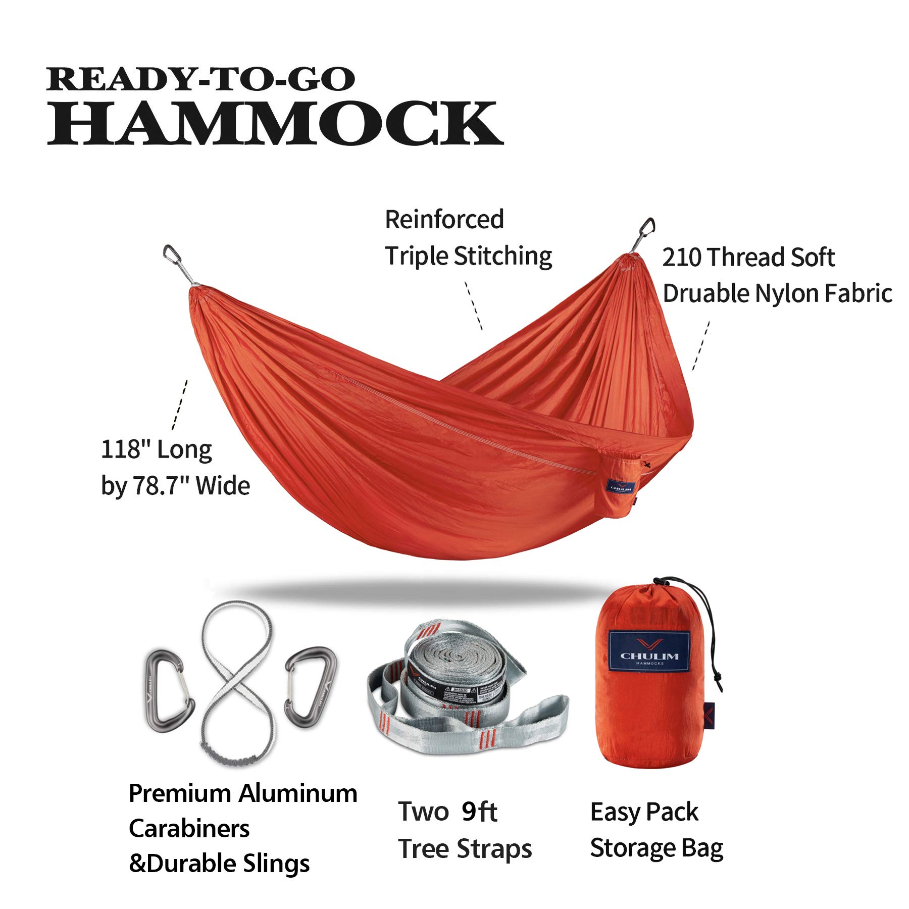 CHULIM Double Camping Hammock with Tree Straps & 12kn Aluminum Carabiners 500lb Weight Capacity Rip-Stop Nylon Lightweight Portable Hammock for Backpacking Travel Beach Yard.