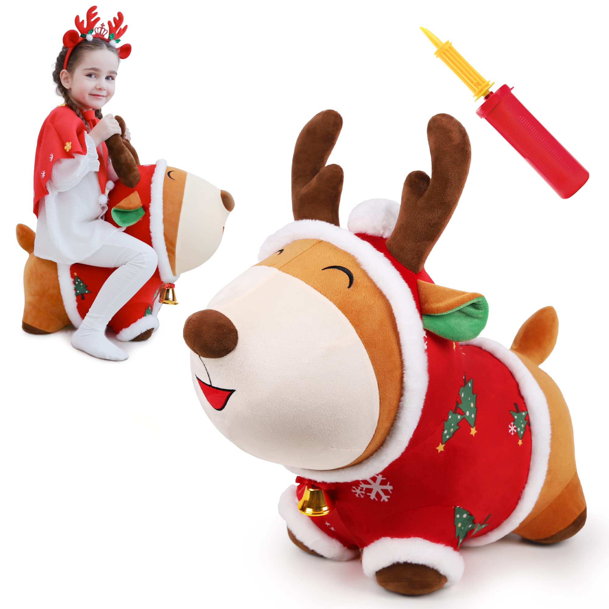 iPlay, iLearn Bouncy Pals Christmas Reindeer Bouncy Horse Toys, Hopping Animals, Inflatable Ride on Hopper, Plush Jumping Bouncer, Birthday Gifts for 18 Month 2 3 4 Year Old Toddlers Boys Girls Kids