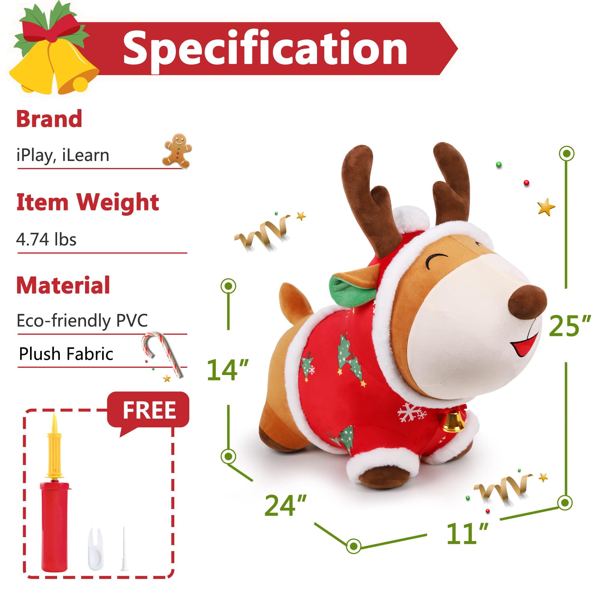 iPlay, iLearn Bouncy Pals Christmas Reindeer Bouncy Horse Toys, Hopping Animals, Inflatable Ride on Hopper, Plush Jumping Bouncer, Birthday Gifts for 18 Month 2 3 4 Year Old Toddlers Boys Girls Kids