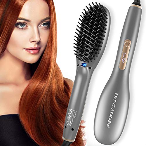 FENNYCARE Ionic Hair Straightener Brush, Enhanced Ionic Straightening Brush with 8 Heat Levels for Silky Hair, Fast Heating Portable Straightener Brush, Anti-Scald & Auto-Off &Safe and Easy to Use