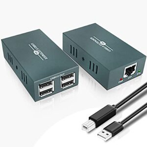 usb extender over ethernet rj45 lan extension, with 4 usb 2.0 ports, transmit 50m/165ft over ethernet cat5/5e/6/7, support power over cable, play and plug, no driver required