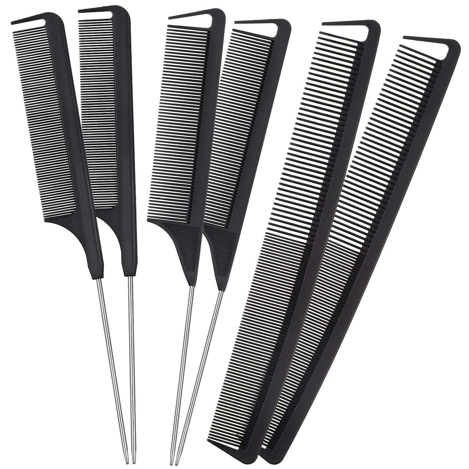 6 Pieces Parting Comb Rat Tail Hair Comb Cutting Comb Set Pintail Comb Carbon Fiber Teasing Comb Styling Comb with Stainless Steel Handle for Braids Salon Home Supplies (Black)