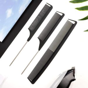 6 Pieces Parting Comb Rat Tail Hair Comb Cutting Comb Set Pintail Comb Carbon Fiber Teasing Comb Styling Comb with Stainless Steel Handle for Braids Salon Home Supplies (Black)