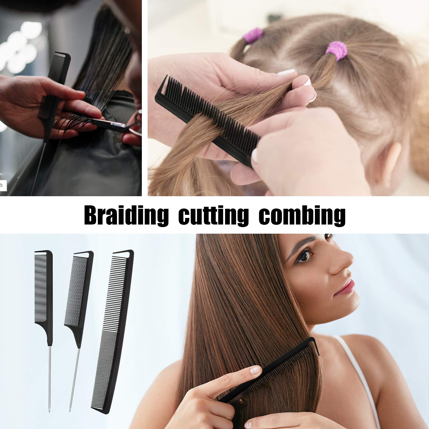 6 Pieces Parting Comb Rat Tail Hair Comb Cutting Comb Set Pintail Comb Carbon Fiber Teasing Comb Styling Comb with Stainless Steel Handle for Braids Salon Home Supplies (Black)