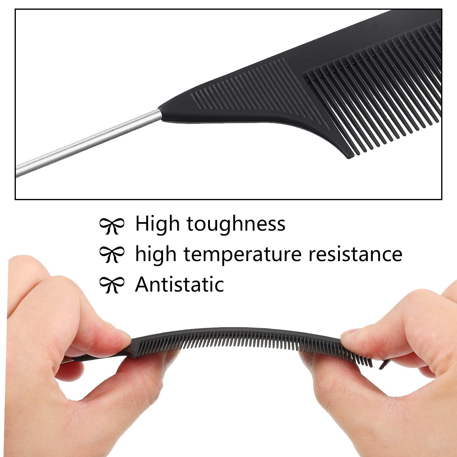 6 Pieces Parting Comb Rat Tail Hair Comb Cutting Comb Set Pintail Comb Carbon Fiber Teasing Comb Styling Comb with Stainless Steel Handle for Braids Salon Home Supplies (Black)