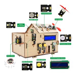 KEYESTUDIO Smart Home Starter Kit for Arduino for Uno R3, Electronics Home Automation Coding Kit, Wooden House DIY Sensor Kit STEM Set for Adults Teens 15+