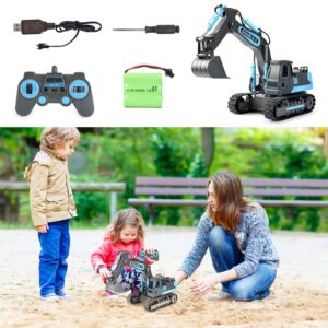 DOUBLE E Remote Control Excavator Toy RC Excavators Rechargeable Battery Digger Hydraulic Construction Toys Vehicles Xmas Gift for Boys Girls Kids 3-14 Years，Gray-Blue