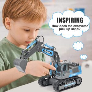 DOUBLE E Remote Control Excavator Toy RC Excavators Rechargeable Battery Digger Hydraulic Construction Toys Vehicles Xmas Gift for Boys Girls Kids 3-14 Years，Gray-Blue