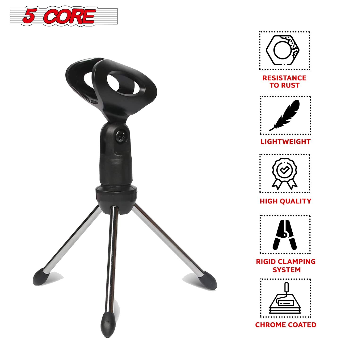 5 Core Desk Mic Stand • Angle Adjustable Table Tripod • Portable Desktop Microphone Stand • Includes Universal Mic Holder • Compatible w Dynamic Handheld Microphones MINI TRIPOD MIC STAND