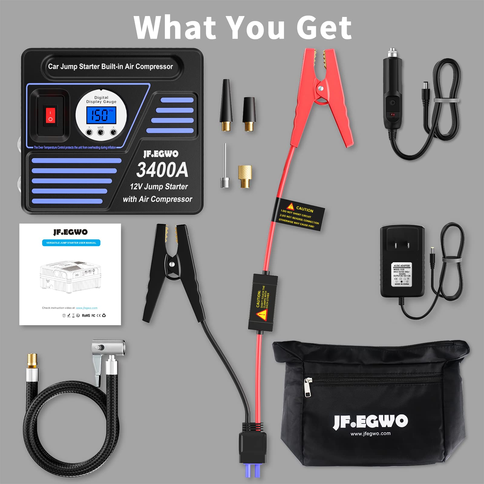 JF.EGWO Portable Car Jump Starter with Air Compressor, 1000 AMP Lithium Car Jump Starter for Up to 8.5L Gas or 8.0L Diesel Engine, 150 PSI Tire Inflator Pump, USB Charging Ports and 2 LED Light