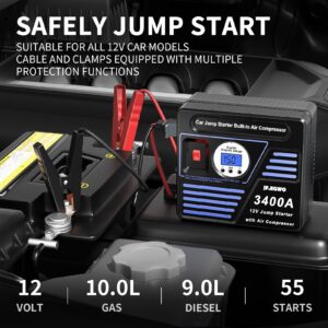 JF.EGWO Portable Car Jump Starter with Air Compressor, 1000 AMP Lithium Car Jump Starter for Up to 8.5L Gas or 8.0L Diesel Engine, 150 PSI Tire Inflator Pump, USB Charging Ports and 2 LED Light