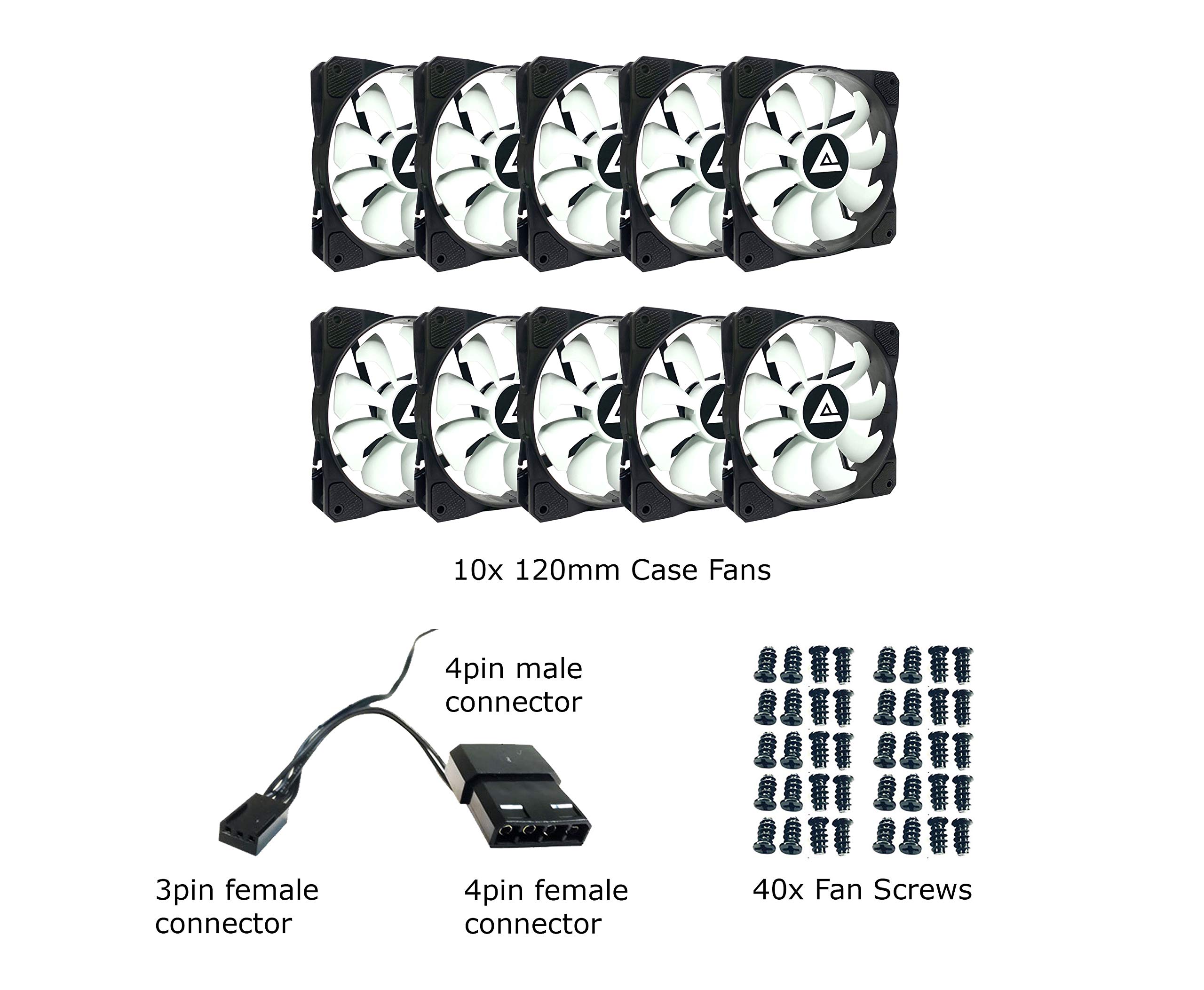 Apevia 1012S-WB 120mm 4pin Molex & 3pin Motherboard Black/White Silent Case Fan (10-pk)