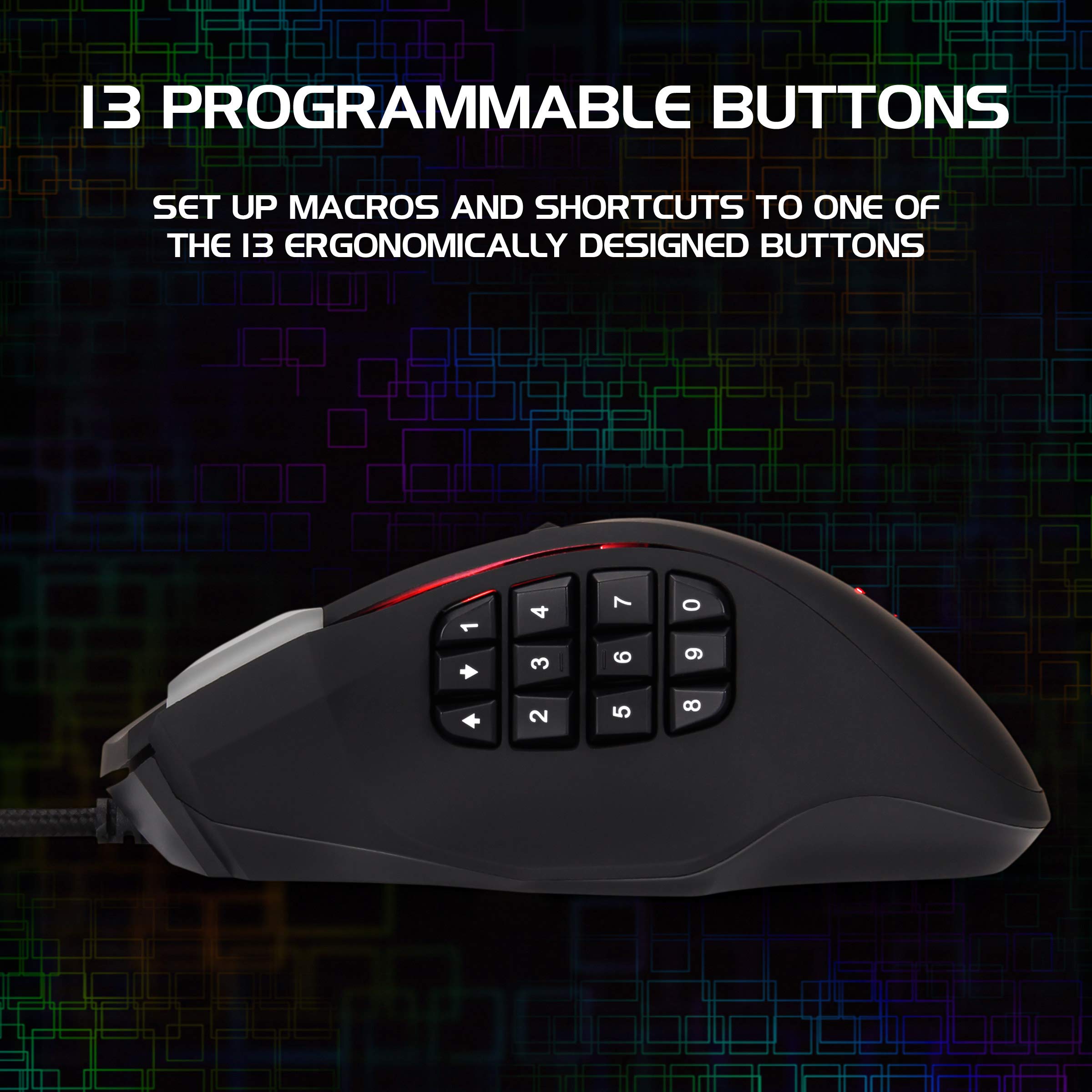 ENHANCE Theorem 2 MMO Mouse with 13 Programmable Side Buttons - RGB Gaming Mouse with 6 Customizable DPI Settings, 5 Gaming Profiles, Quick Fire Button, USB Ergonomic Wired Mouse - Black