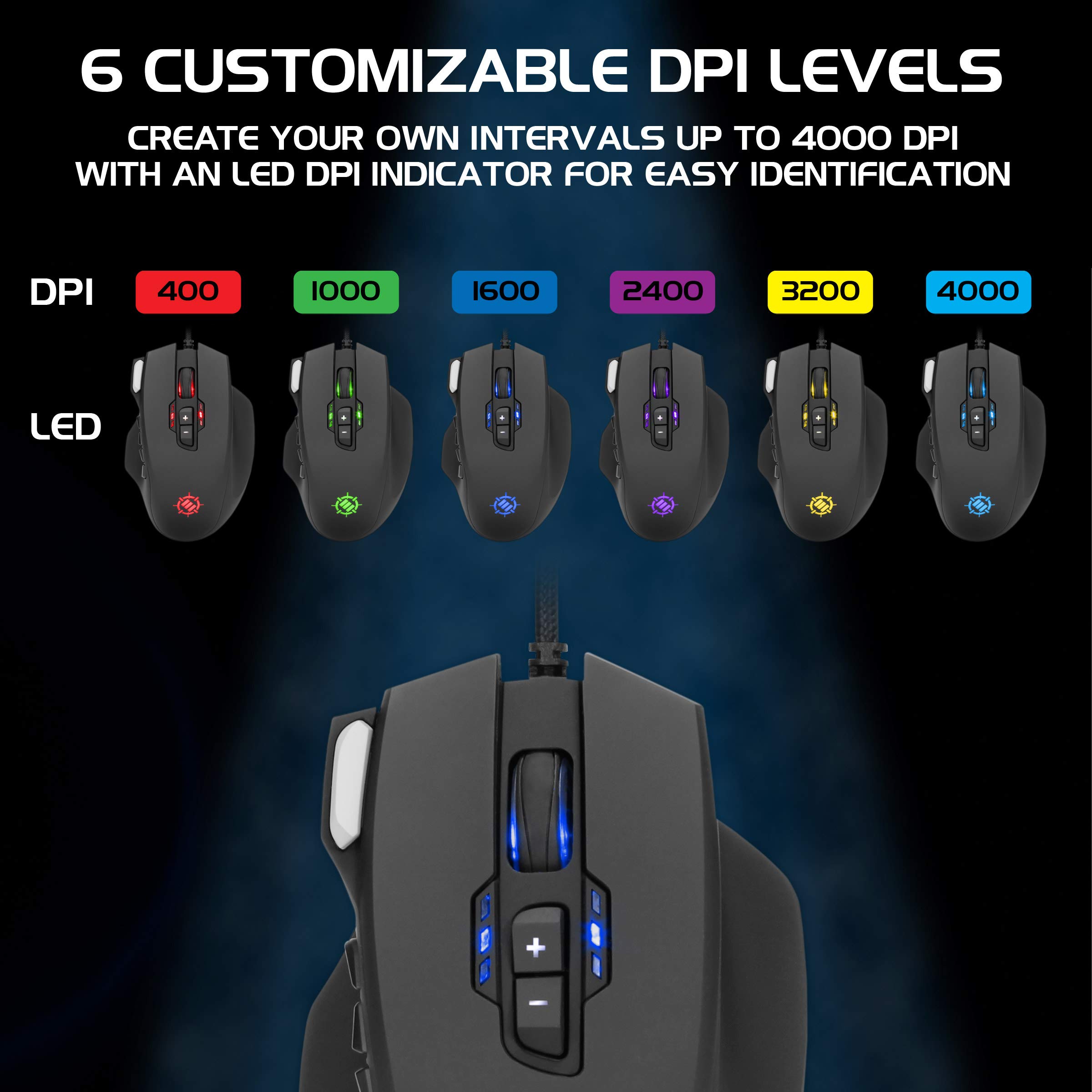 ENHANCE Theorem 2 MMO Mouse with 13 Programmable Side Buttons - RGB Gaming Mouse with 6 Customizable DPI Settings, 5 Gaming Profiles, Quick Fire Button, USB Ergonomic Wired Mouse - Black