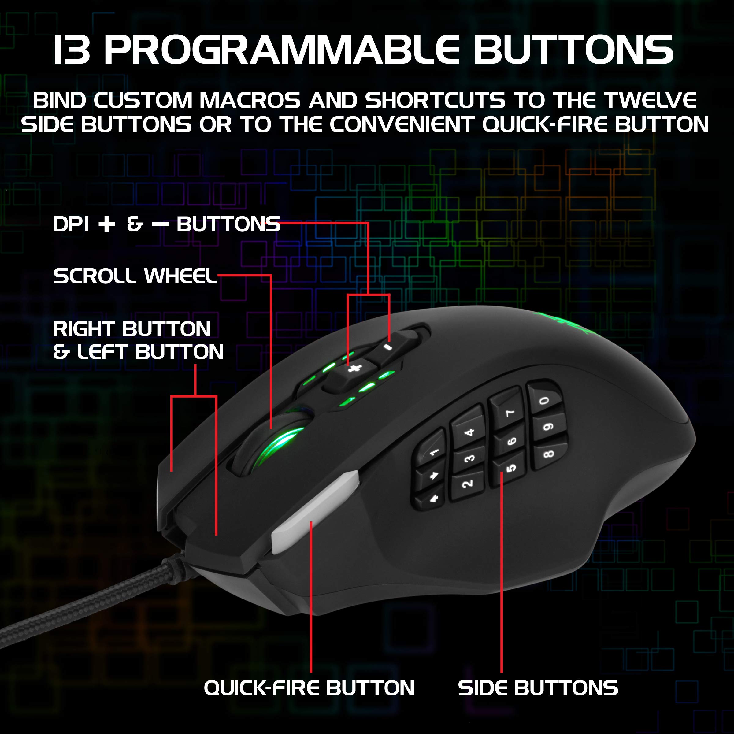 ENHANCE Theorem 2 MMO Mouse with 13 Programmable Side Buttons - RGB Gaming Mouse with 6 Customizable DPI Settings, 5 Gaming Profiles, Quick Fire Button, USB Ergonomic Wired Mouse - Black