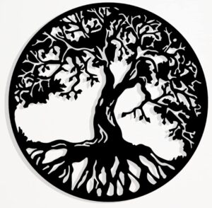 steel roots decor metal black tree of life wall art - powder coated laser cut holes - indoor and outdoor home bedroom or kitchen decorations, modern wall sculpture art round for living room – 18”
