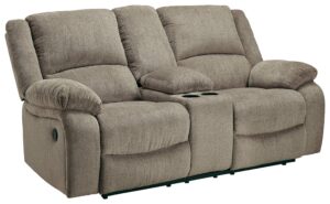 signature design by ashley draycoll manual double reclining loveseat with center console, light brown