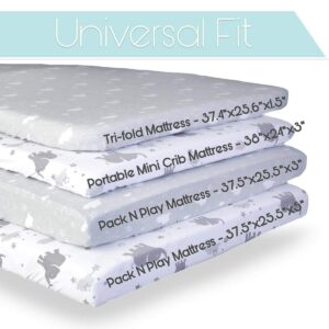 Kids N’ Such Pack N Play Fitted Sheet Set for Pack N Play Mattress Pad, Elephants, Stars, & Clouds, 2 Pack