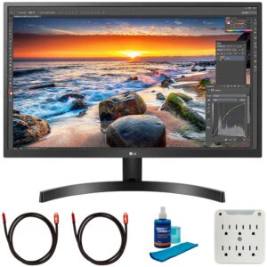 lg 27uk500-b 27 inch uhd 3840x2160 ips hdr10 monitor with freesync bundle with 2x 6ft universal 4k hdmi 2.0 cable, universal screen cleaner and 6-outlet surge adapter
