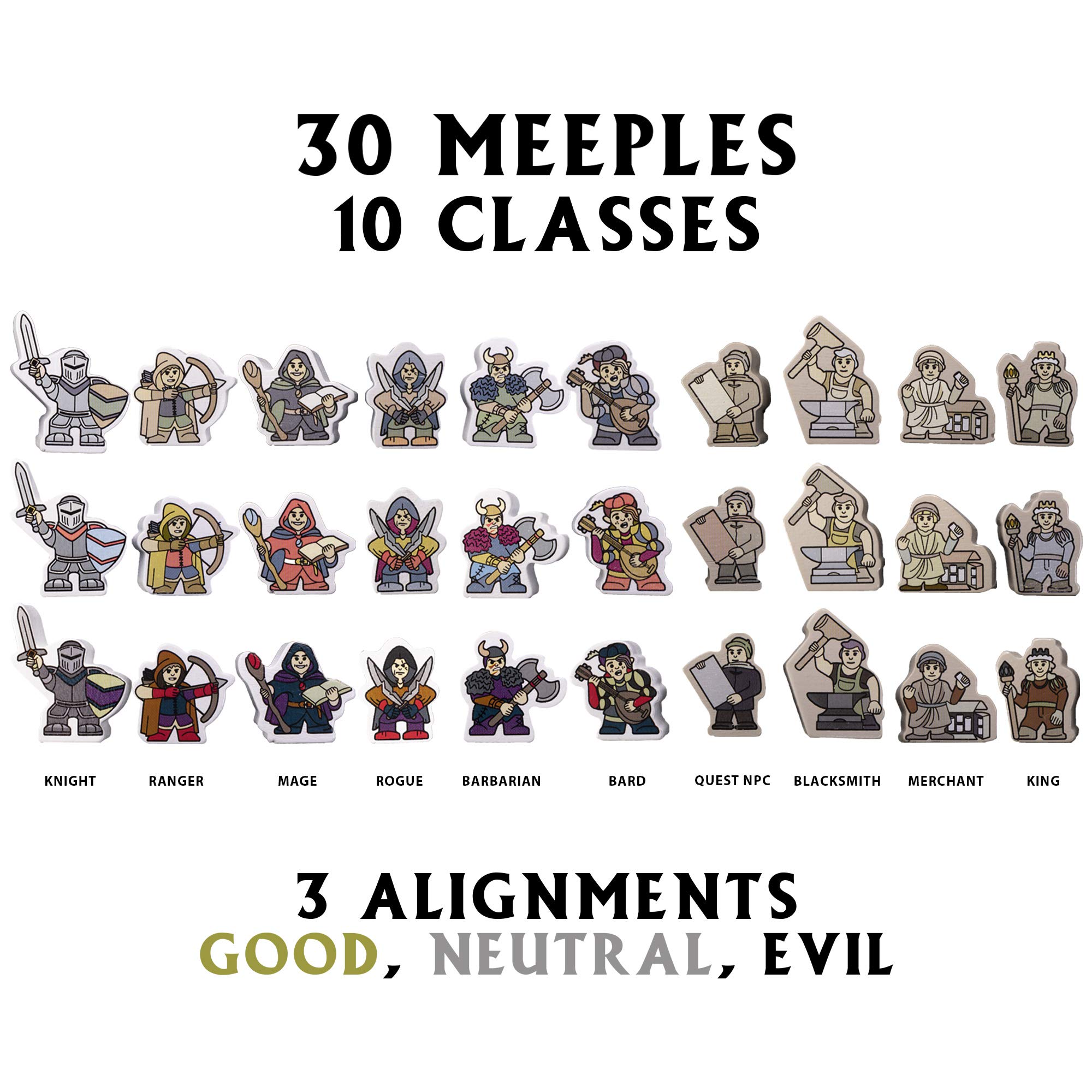 Stratagem Meeples of Might & Menace | 60 Pack of 16mm Minis Wooden Fantasy Meeple Miniatures Tabletop Role Playing RPG | Complete Set