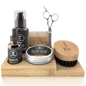 striking viking beard grooming kit includes caddy, beard care oil and balm, beard shampoo, wooden comb, beard brush, & trimming scissors