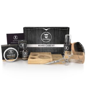 Striking Viking Beard Grooming Kit Includes Caddy, Beard Care Oil and Balm, Beard Shampoo, Wooden Comb, Beard Brush, & Trimming Scissors