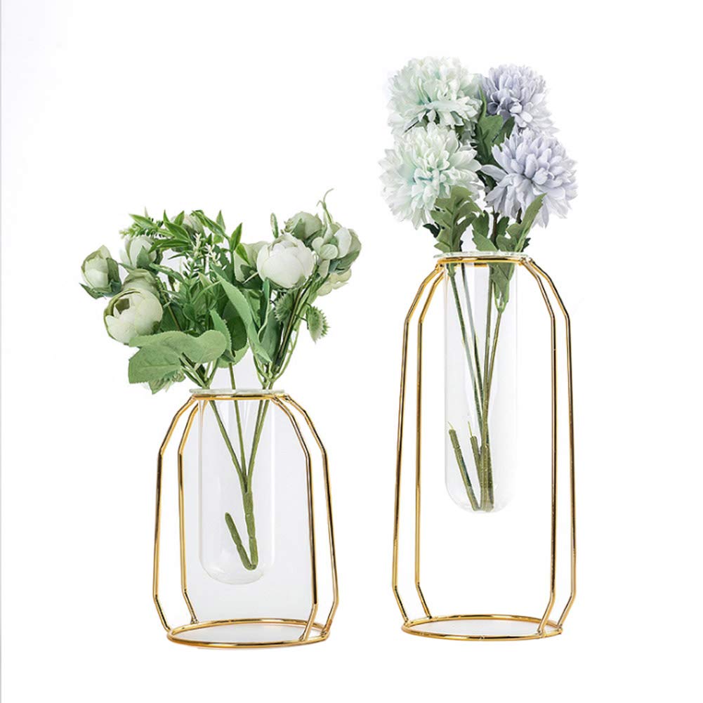 MARATTI 2 Pcs(S+L) Flower Vases with Iron Art Frame, Metal Geometric Flower Vase, Clear Vase Decorative for Home Office Wedding Holiday Party Celebrate (Gold/Rose Gold) (Gold)…