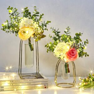 MARATTI 2 Pcs(S+L) Flower Vases with Iron Art Frame, Metal Geometric Flower Vase, Clear Vase Decorative for Home Office Wedding Holiday Party Celebrate (Gold/Rose Gold) (Gold)…