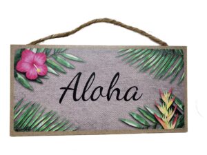 aloha hanging wood sign - small hawaiian tropical wall decor plaque - 10 x 5 inches