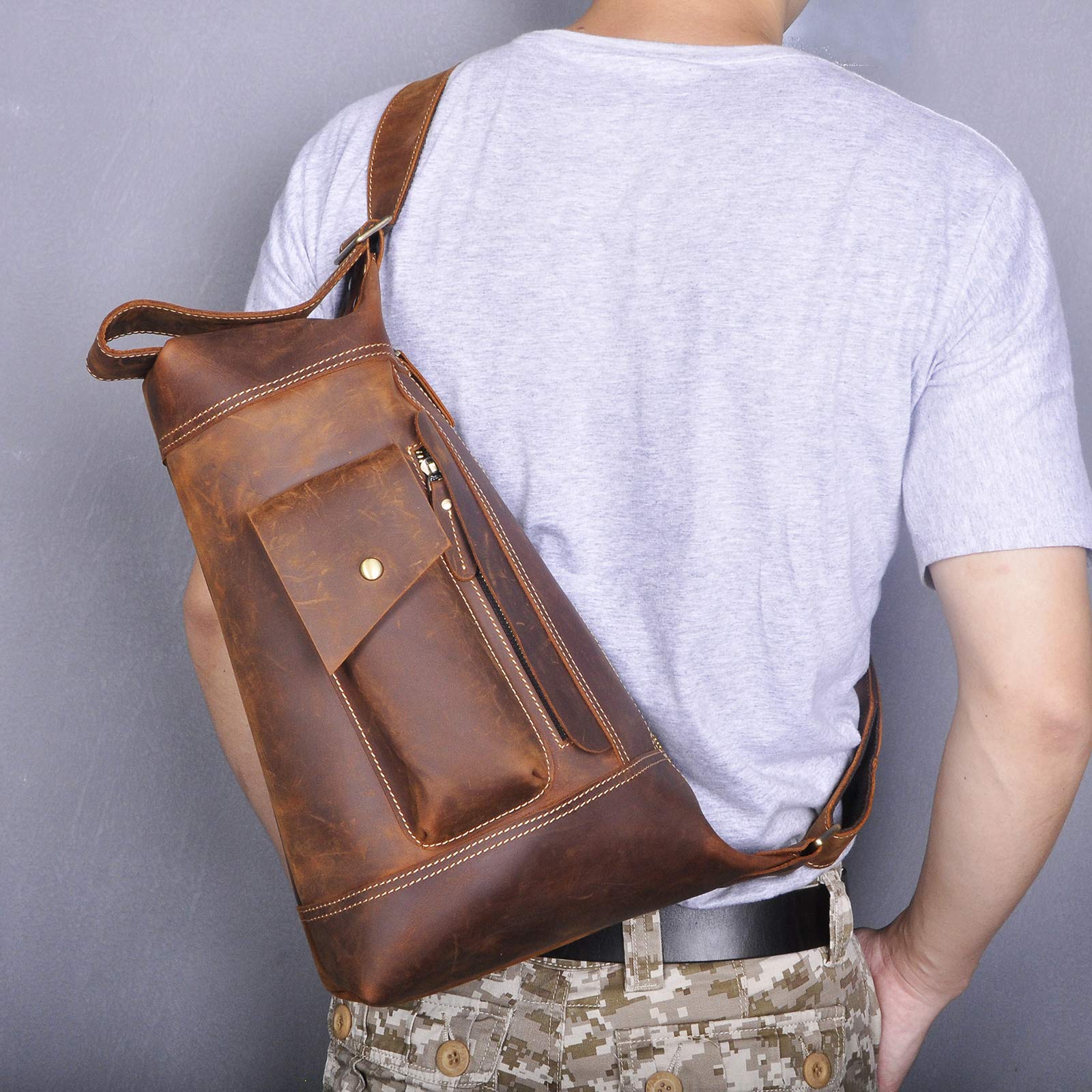 Le'aokuu Men Outdoor Large Travel Hiking Tea Cross-body Chest Sling Bag Rig One Shoulder Strap Bag Backpack Men Quality Leather 2329 (Brown)