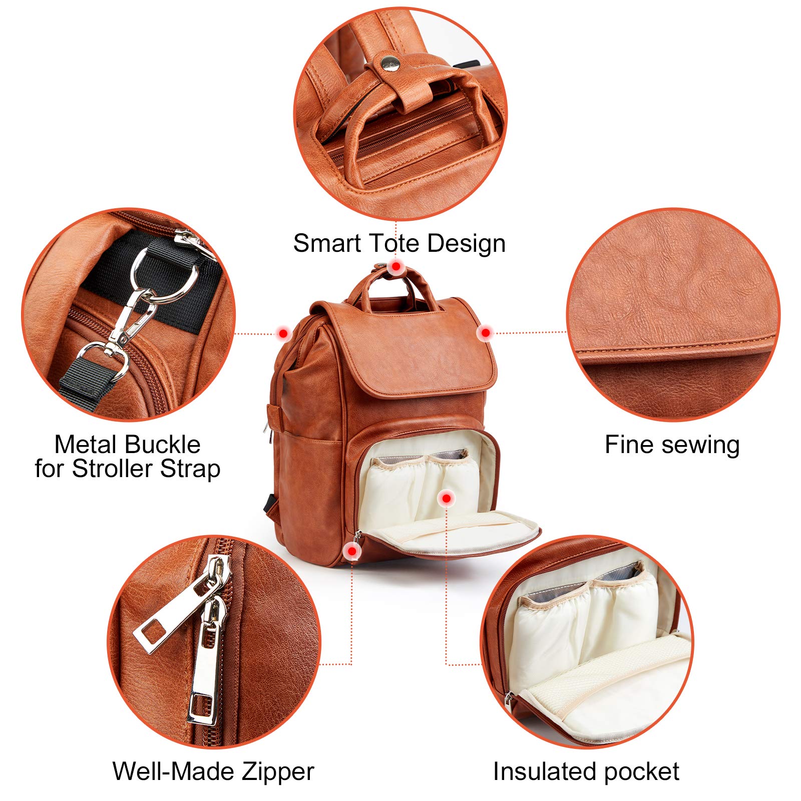 HAHASOLE Leather Diaper Bag Backpack with Changing Mat Travel Backpack Waterproof&Insulated Large Nappy Bag Stroller Straps, Brown B, 13.8x8x18 Inch (Pack of 1), Travel Backpacks