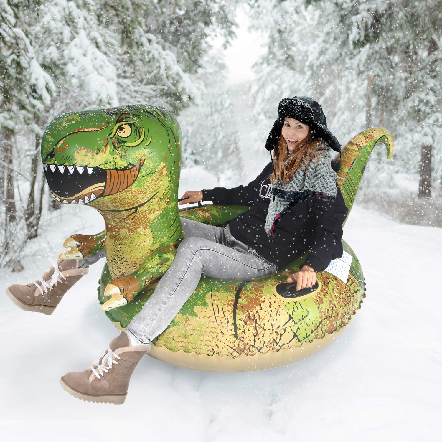 Dinosaur Snow Tube, FindUWill 64.9 inch Inflatable Snow Sled with Handles, Giant T-Rex Snow Tubes Sleds for Kids and Adults (Reinforced Double-Layers Bottom)