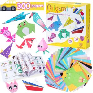 origami paper for kids, 300 sheets colorful origami paper kit 5.5inch, 100 origami projects & easy origami book origami kit for kids, creativity training & brain development origami set for kids