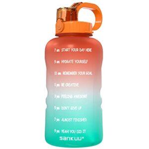 sankuu large 1 gallon/128oz (when full) gallon water bottle motivational with time marker & straw, leakproof water jug ensure you drink daily water throughout the fitness day