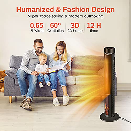 Electric Space Heater for Large Room - 36" Ceramic Tower Space Heater for Room Heating w/Thermostat, Fast Heating, 3D Realistic Flame, Oscillating, Remote Control, Ideal for Home/Livingroom