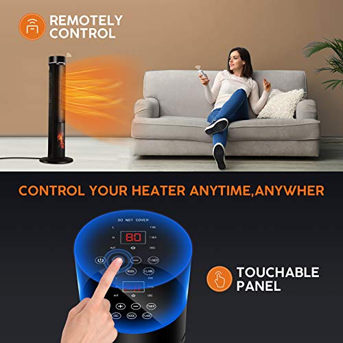 Electric Space Heater for Large Room - 36" Ceramic Tower Space Heater for Room Heating w/Thermostat, Fast Heating, 3D Realistic Flame, Oscillating, Remote Control, Ideal for Home/Livingroom