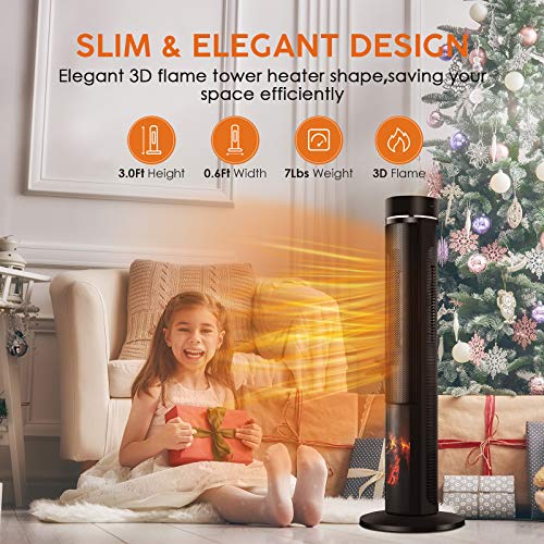 Electric Space Heater for Large Room - 36" Ceramic Tower Space Heater for Room Heating w/Thermostat, Fast Heating, 3D Realistic Flame, Oscillating, Remote Control, Ideal for Home/Livingroom