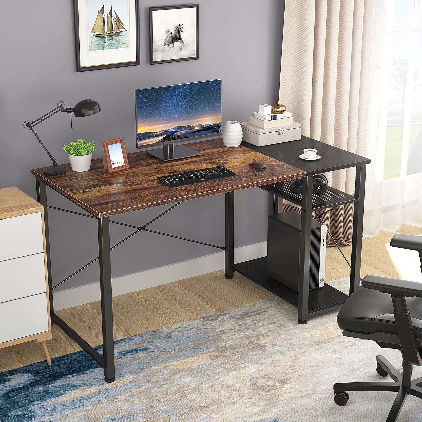 Foxemart Computer Desk 40 Inch Home Office Desk Industrial Sturdy Writing Table with Storage Shelves Modern Simple Style PC Desk for Home Office Study Room Workstation, Rustic Brown and Black