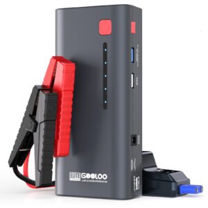gooloo jump starter battery pack 2000a peak supersafe car starter (up to 8.0l gas or 6.0l diesel engine) with usb quick charge and led light,12v lithium jump box booster portable charger,gray