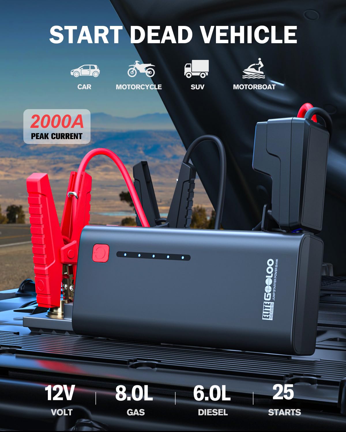 GOOLOO Jump Starter Battery Pack 2000A Peak SuperSafe Car Starter (Up to 8.0L Gas or 6.0L Diesel Engine) with USB Quick Charge and LED Light,12V Lithium Jump Box Booster Portable Charger,Gray