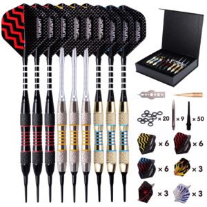darts plastic tip - professional soft tip darts set for electronic dartboard 9 pcs 18 grams with 50 extra tips 9 shafts 27 flights tool kit flight protectors and gift darts case (gold)