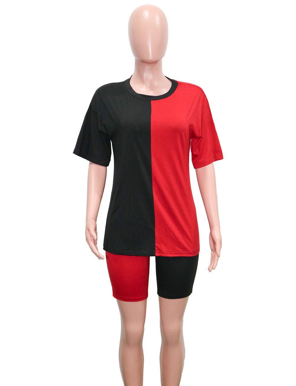 Two Piece Short Set for Women, Casual Color Block Short Sleeve Tops Biker Shorts Track Suits Sets Black&Red XL