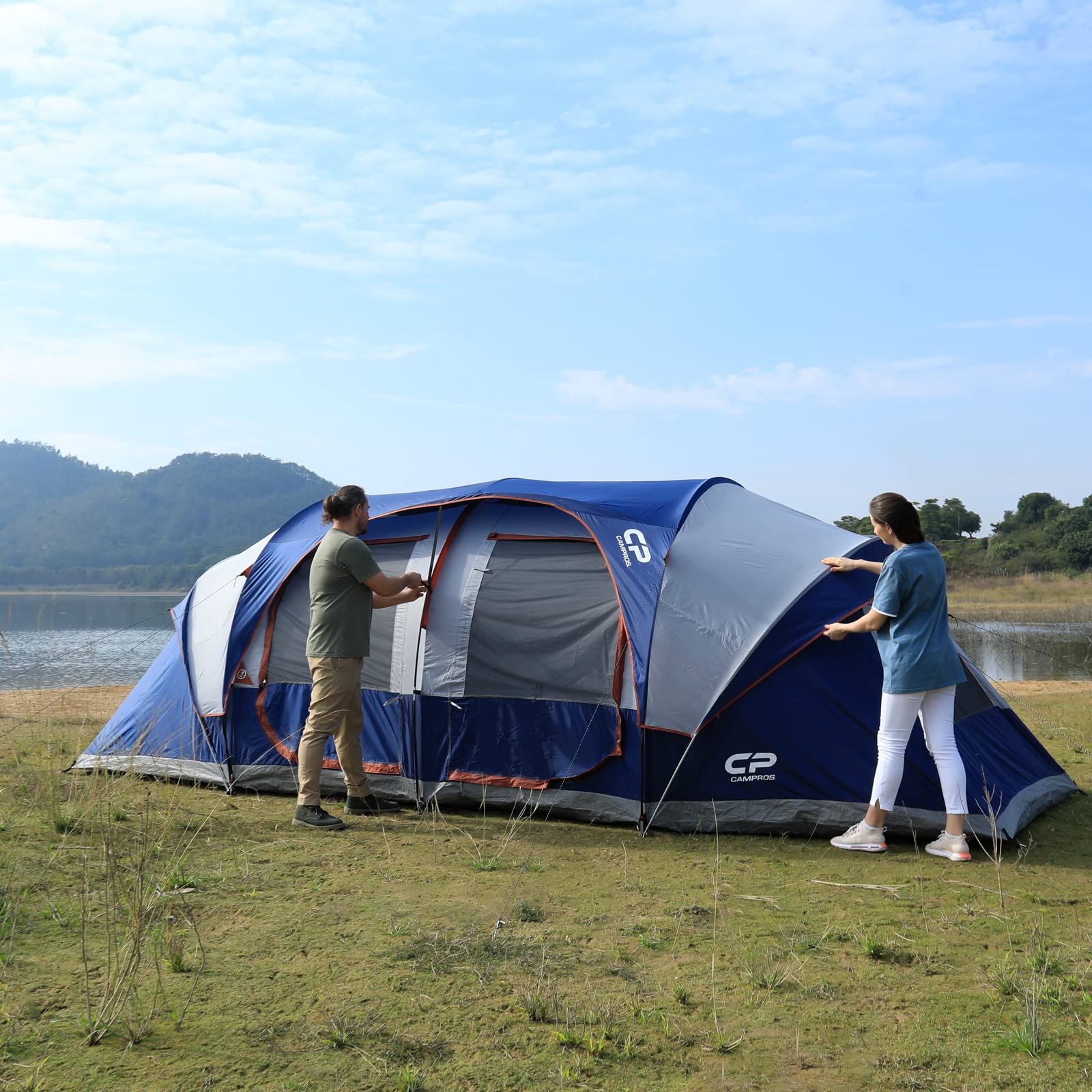 CAMPROS Tent-9-Person-Camping-Tents, Waterproof Windproof Family Tent with Top Rainfly, 3 Large Mesh Windows, Double Layer, Easy Set Up, Portable with Carry Bag, for All Seasons - Blue