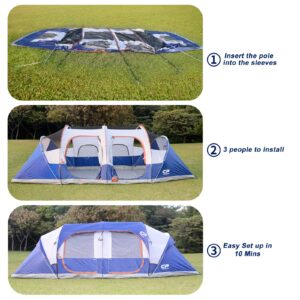 CAMPROS Tent-9-Person-Camping-Tents, Waterproof Windproof Family Tent with Top Rainfly, 3 Large Mesh Windows, Double Layer, Easy Set Up, Portable with Carry Bag, for All Seasons - Blue