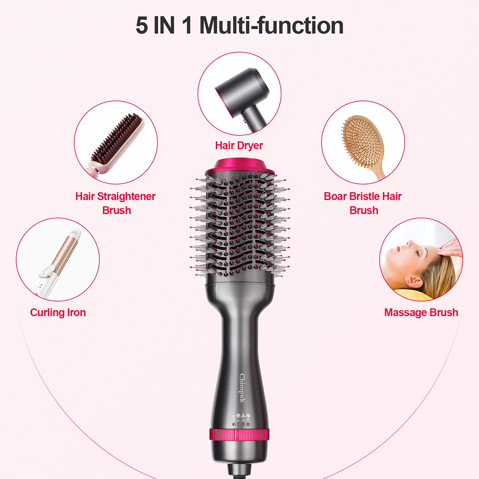 Chimpuk Hair Dryer Brush - One-Step Hot Air Brush, 5 in 1 Hair Curler Straightener Volumizer Blow Dryer, Negative Ion Reducing Frizz and Static, 1000W Hair Comb Styler Kit for All Hair Types