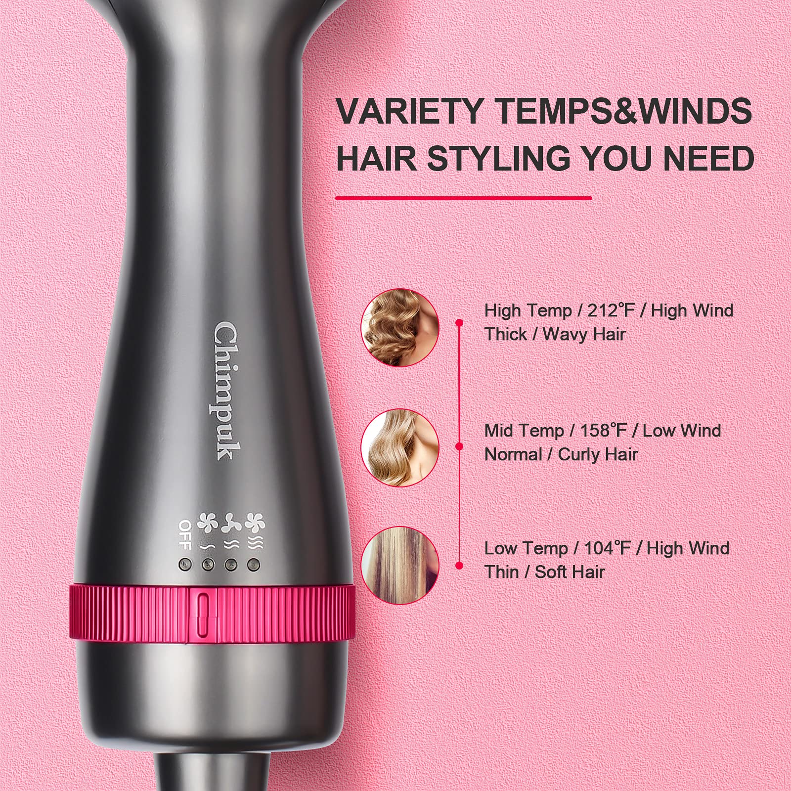 Chimpuk Hair Dryer Brush - One-Step Hot Air Brush, 5 in 1 Hair Curler Straightener Volumizer Blow Dryer, Negative Ion Reducing Frizz and Static, 1000W Hair Comb Styler Kit for All Hair Types