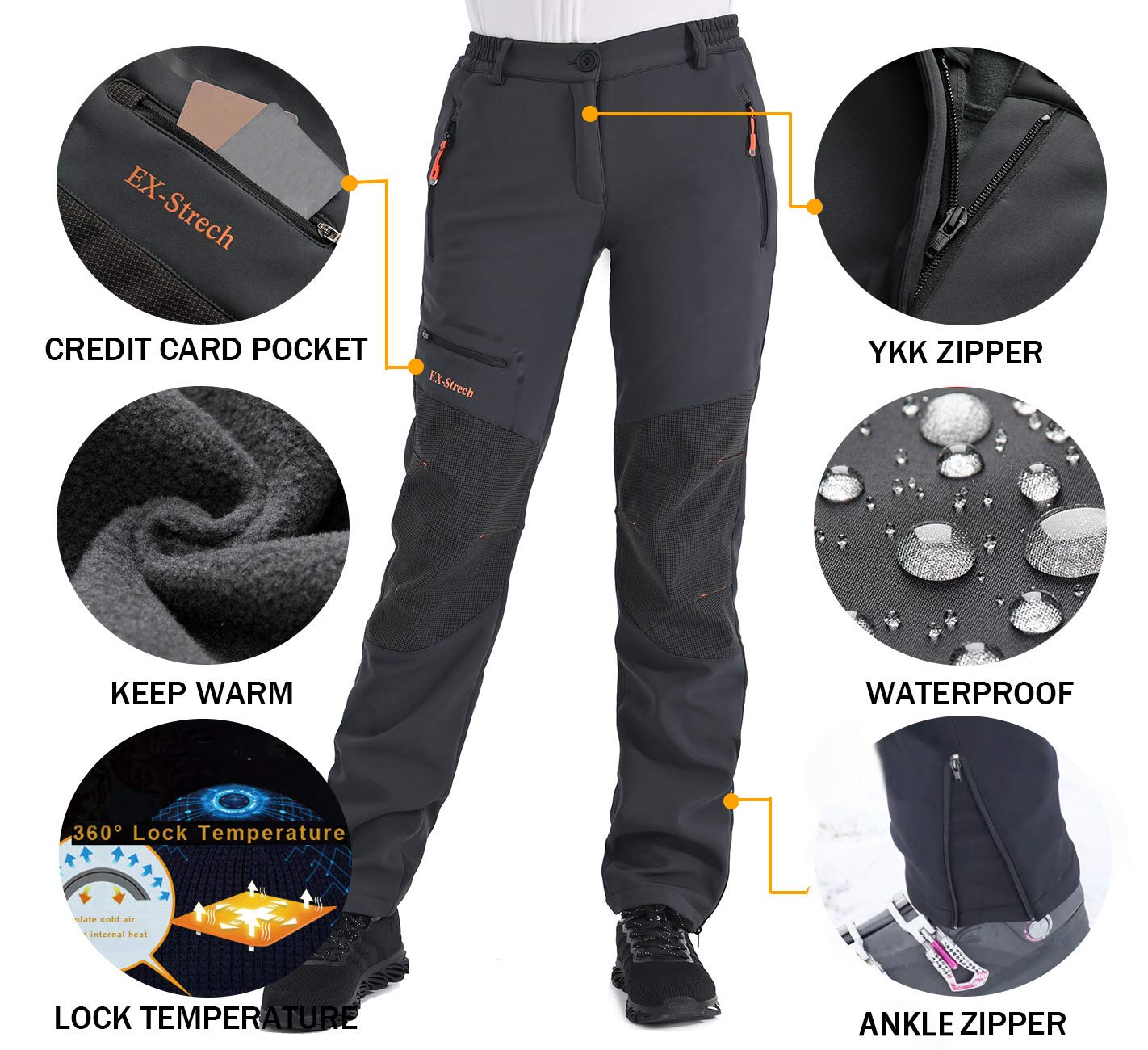 Postropaky Womens Outdoor Snow Ski Pants Waterproof Hiking Insulated Softshell Pants Snowboard Zipper Bottom Leg(Grey8S)