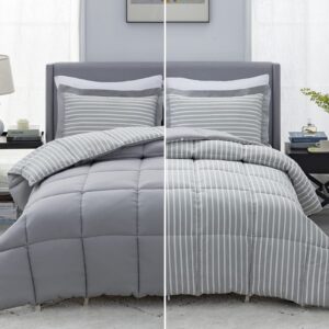 bedsure queen size comforter set - percale stripes down alternative grey comforter sets box stitching gray duvet insert, all season bed set with 2 pillow shams (queen/full, 88x88'', 3 pieces)