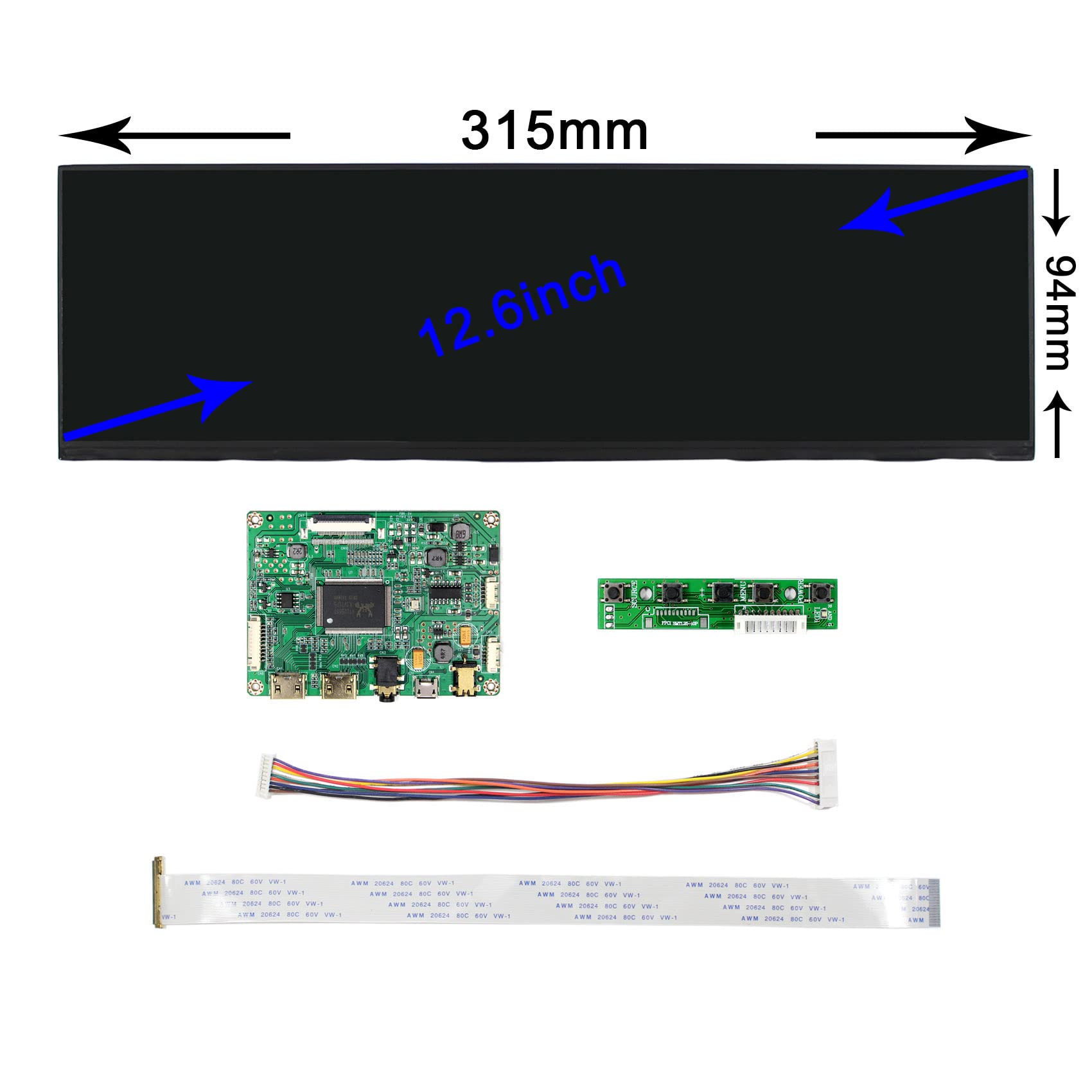12.6 inch 1920x515 eDP IPS LCD Screen NV126B5M-N41 and 2Mini HDMI Micro USB LCD Controller Board,for DIY CPU GPU PC Computer Monitor Case
